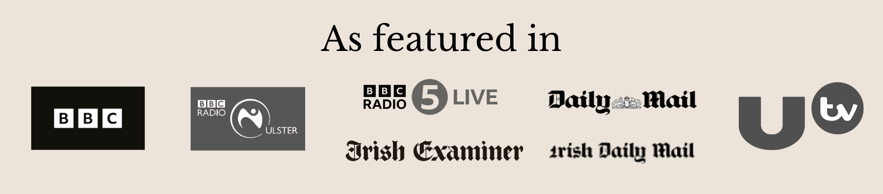 Collection of logos for BBC, BBC Radio Ulster, BBC Radio 5 Live, Daily Mail, UTV, Irish Examiner, and Irish Daily Mail.