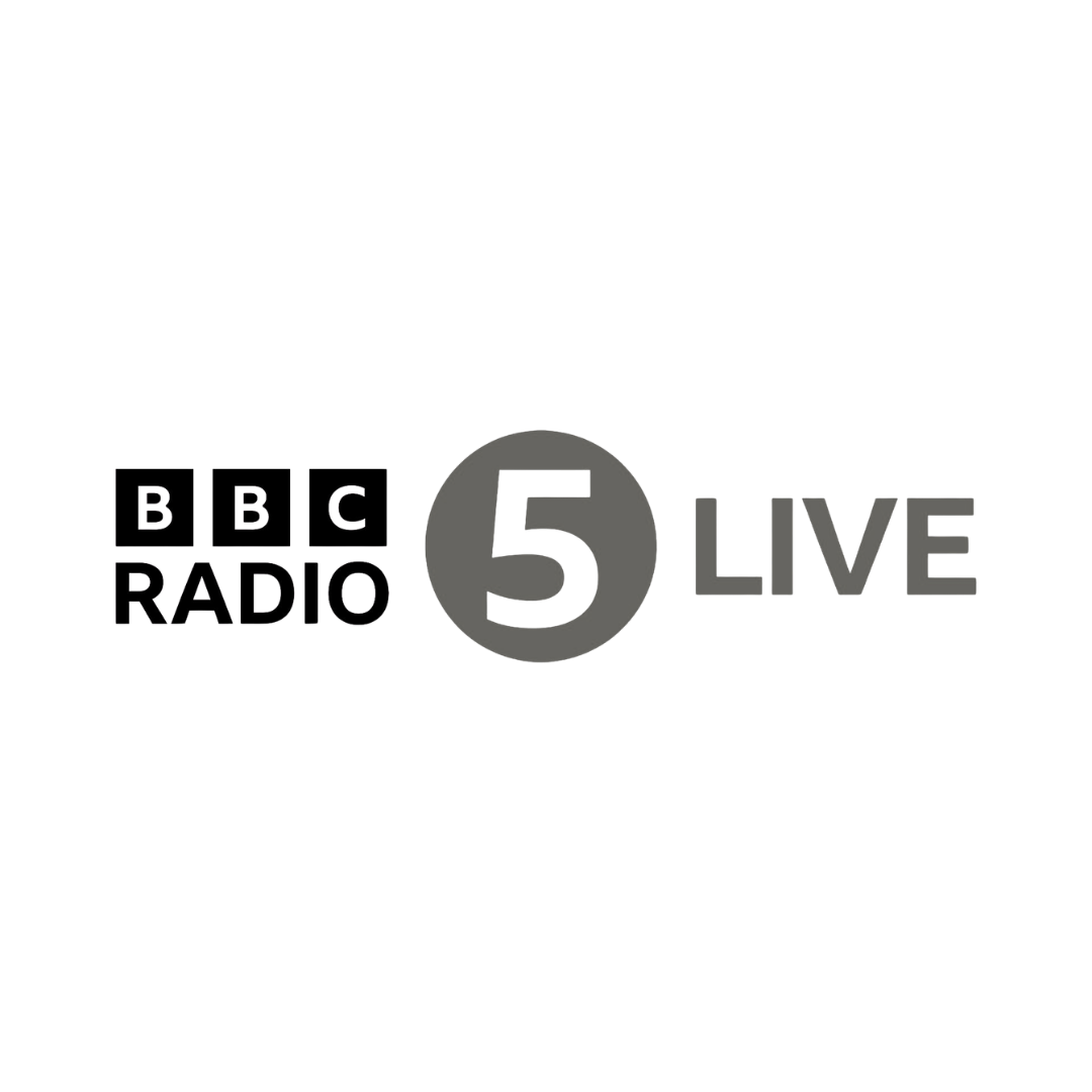 BBC Radio 5 Live logo with a gray circle containing the number 5, alongside the words 'BBC RADIO' and 'LIVE' on a black background.