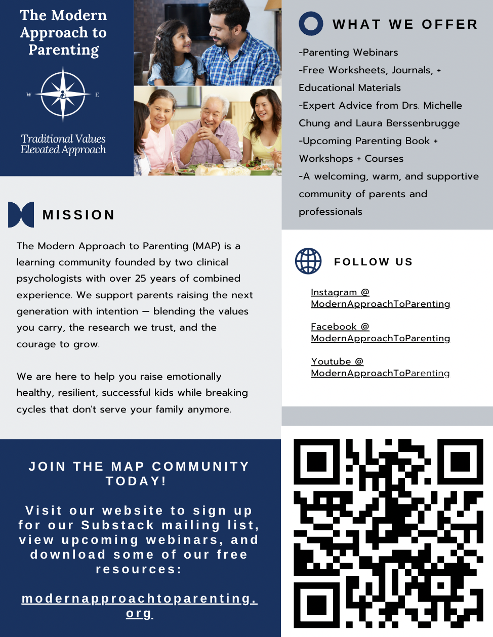 Flyer for The Modern Approach to Parenting, featuring images of a young girl with her father, and two women with an elderly man at a picnic table, with text about parenting webinars, educational materials, expert advice, and community support.