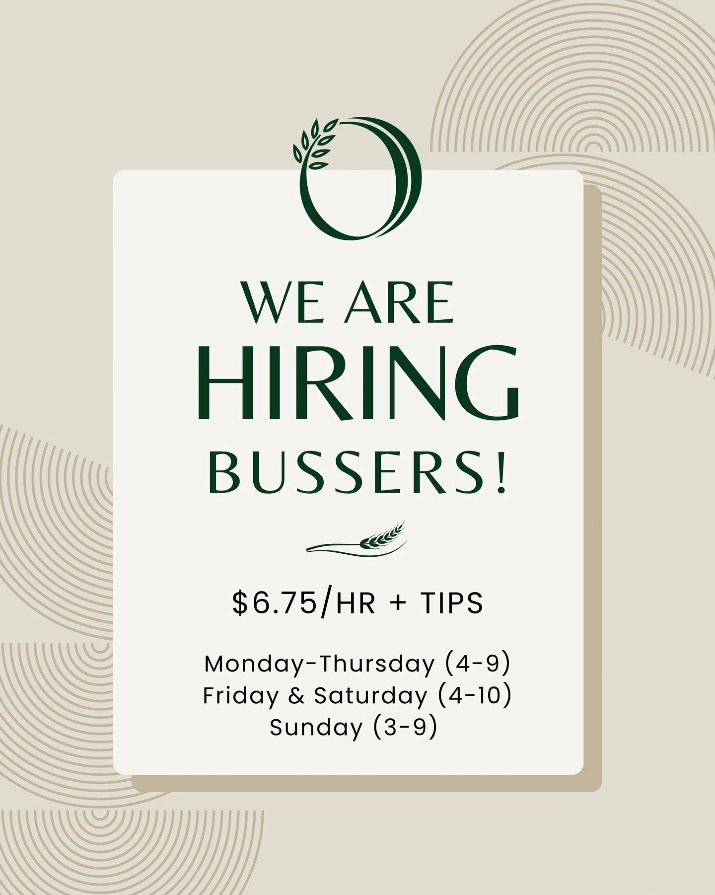 Looking for evening shifts with great tips and a lively atmosphere? We&rsquo;re hiring! 

If you&rsquo;re interested in being a busser for us, apply at orzotrattoria@outlook.com
