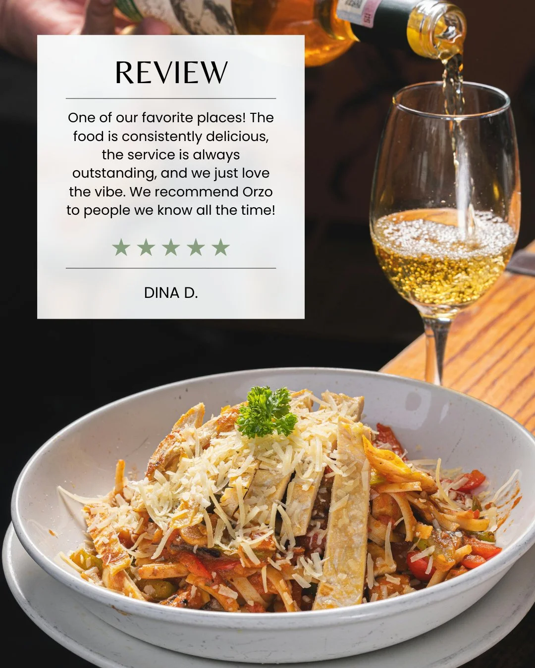 The reviews speak for themselves. Thank you Dina for choosing to dine with us, we look forward to serving you again!