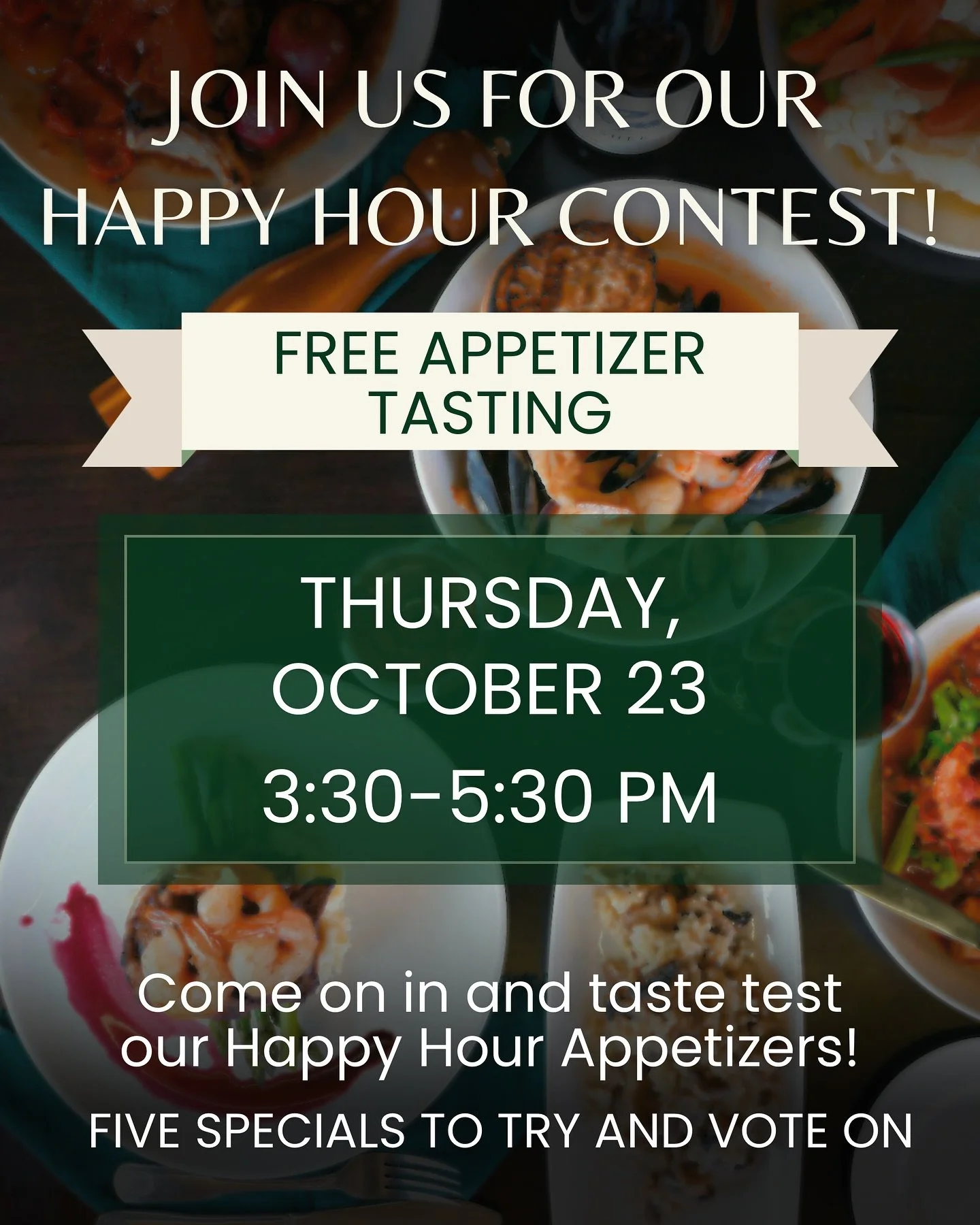 It&rsquo;s time for our Happy Hour App Contest at Orzo Trattoria! Join us this afternoon from 3:30&ndash;5:30 PM for a complimentary tasting of five brand-new appetizers.

Come sample and vote on your favorites:

1.Stuffed Peppers
2. Grilled Vegetabl