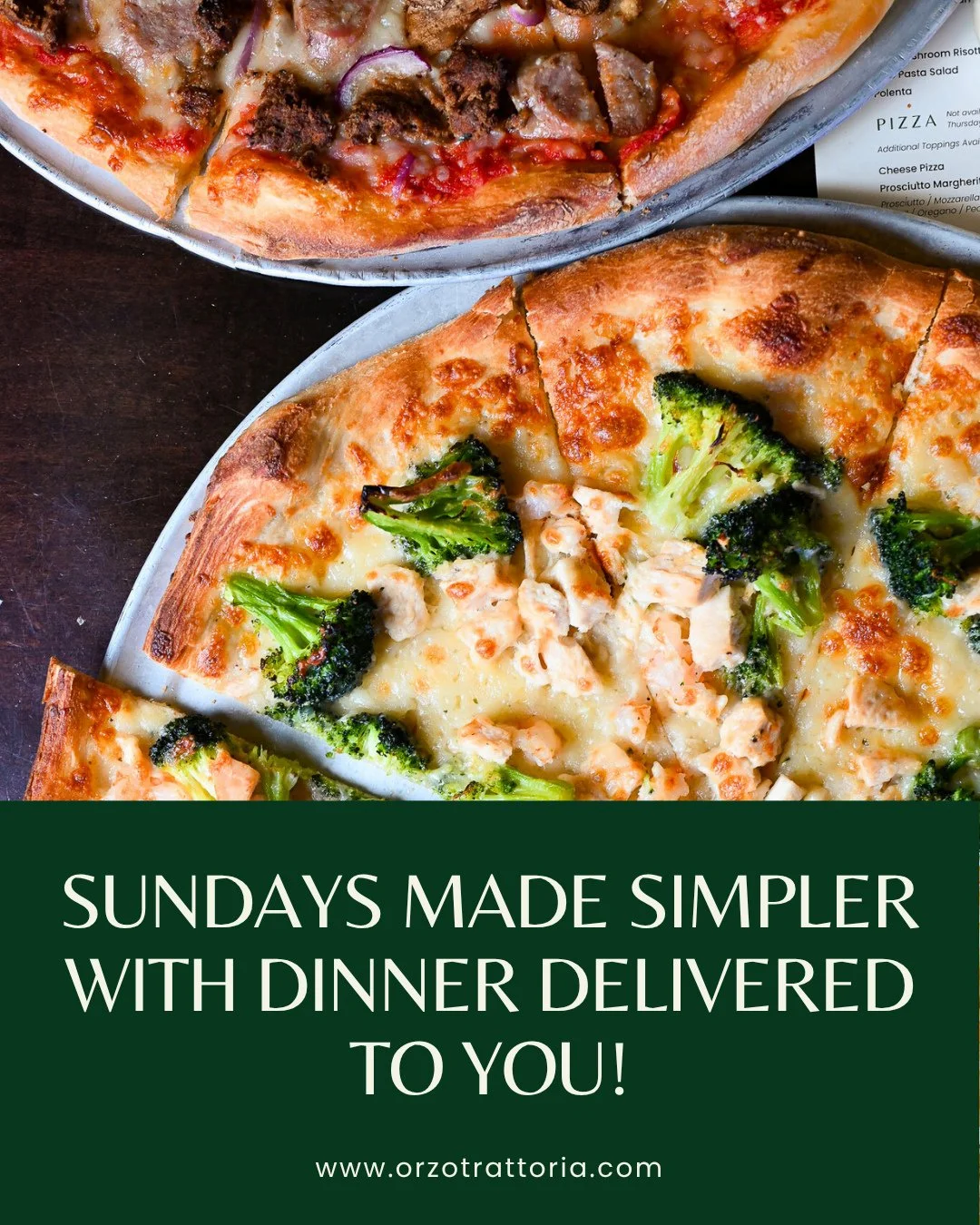 Your Sunday comfort fix, made easy. Order your favorites, pour a glass, and let Orzo handle dinner.⁠
⁠
#SundayMadeSimple #OrzoTakeout #ComfortDelivered