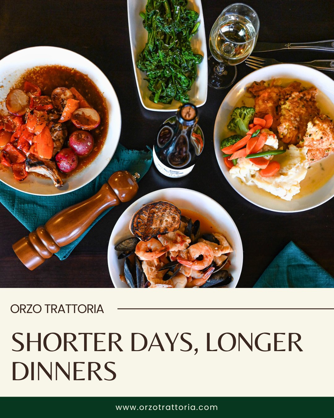 The days may be shorter, but dinner just got cozier. Take your time, savor the moment, and linger a little longer at Orzo.⁠
⁠
#CozyDining #OrzoTrattoria #FallComfort #ItalianEvenings