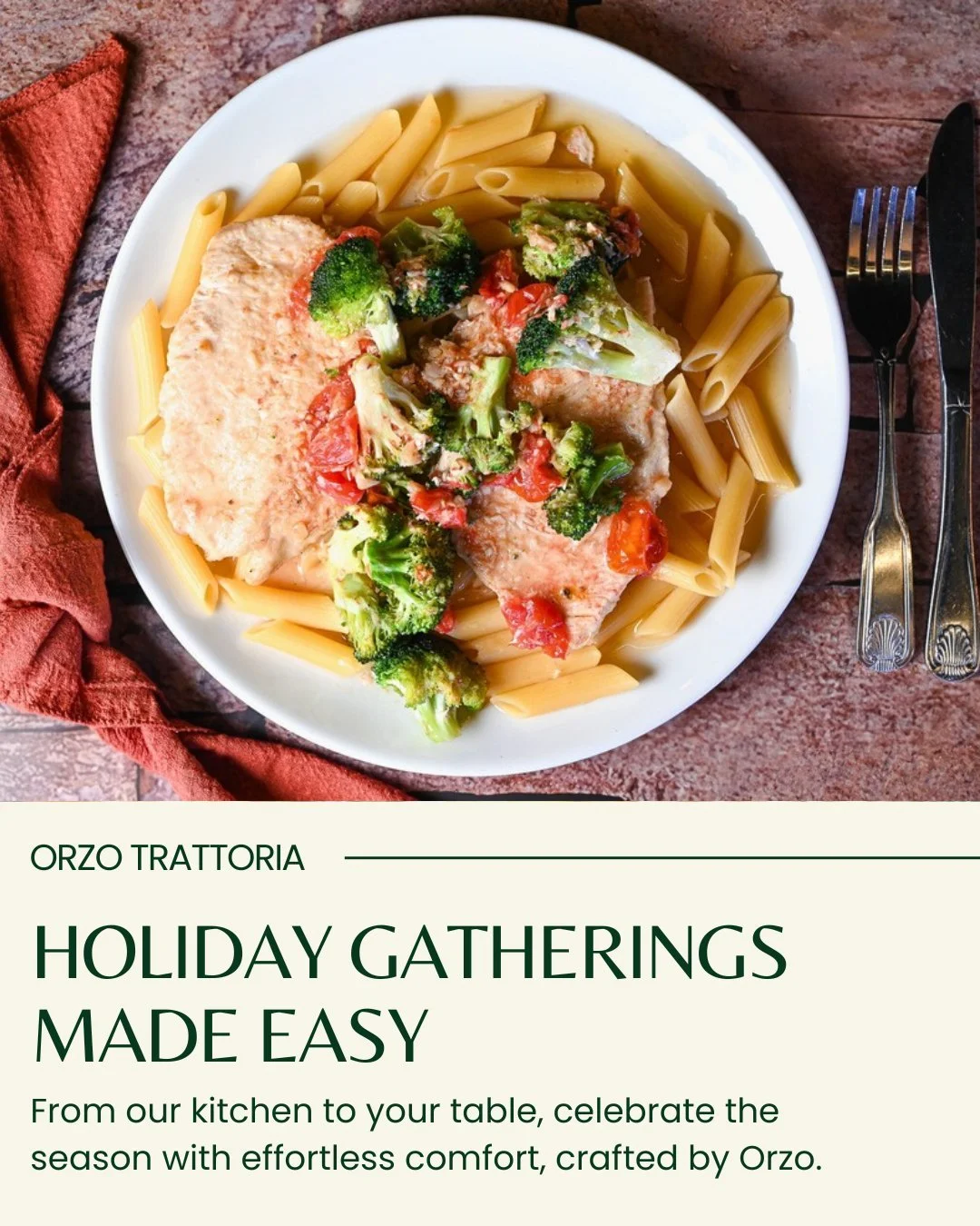 Holiday hosting, simplified. Go ahead and celebrate while we handle dinner. Order Orzo catering today!

#HolidayGatherings  #HostWithOrzo  #ComfortDelivered  #SeasonToSavor  #OrzoItalianKitchen