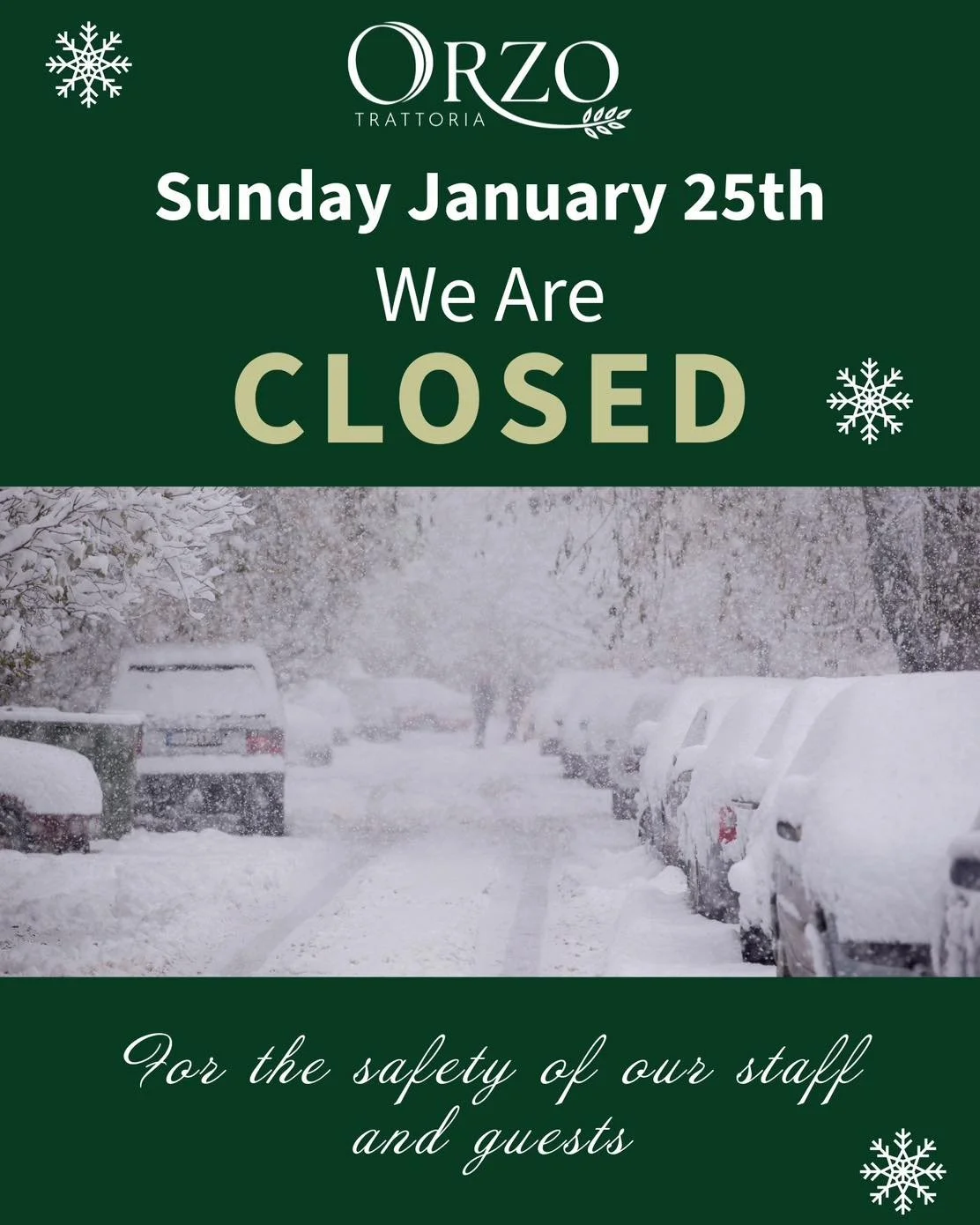 Due to the nor&rsquo;easter expected this weekend, we want to share a couple of important updates.

For the safety of our staff and our guests, Orzo will be closed on Sunday, January 25th. With winter weather approaching, we believe this is the best 