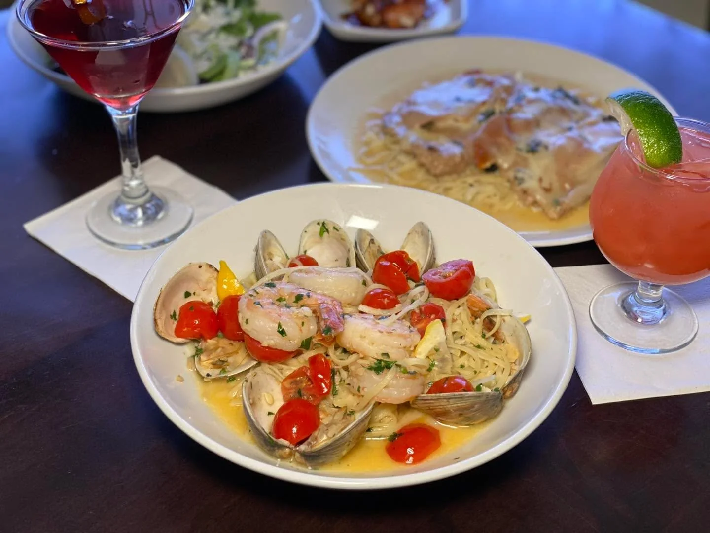 A classic that always finds its way back to the table.

This dish dubbed the Orzo Special brings linguine together with saut&eacute;ed mussels, clams, and jumbo shrimp, all tossed in garlic and oil or our house marinara. The version pictured leans in