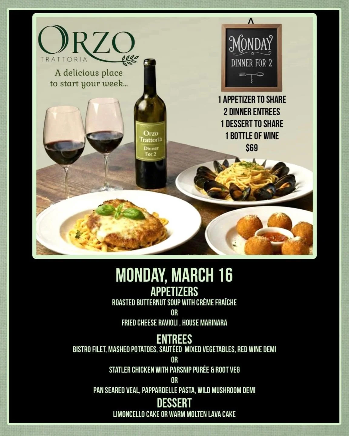 Join us for Dinner for Two. 🍷
Treat yourself and a guest to a special three-course menu and a bottle of wine this Monday. It&rsquo;s the perfect way to enjoy a quiet evening and great food.
We look forward to seeing you!

#OrzoTrattoria #DinnerForTw