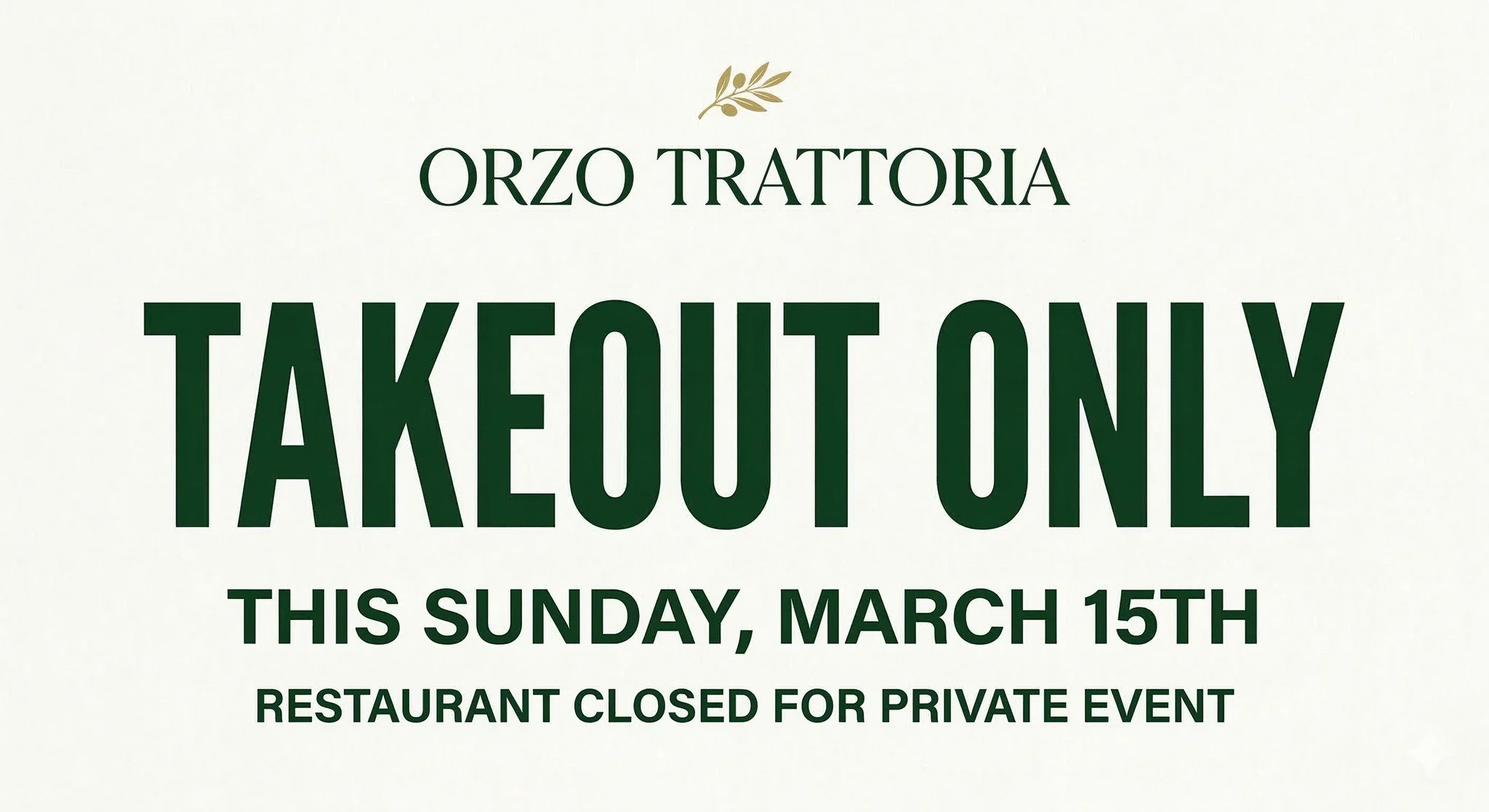 Don't feel like cooking this Sunday? We've got you covered! 🍝

Just a quick reminder that tomorrow, Sunday, March 15th, our dining room will be closed for a private event. But the good news is, our kitchen is open and serving Takeout Only all day lo