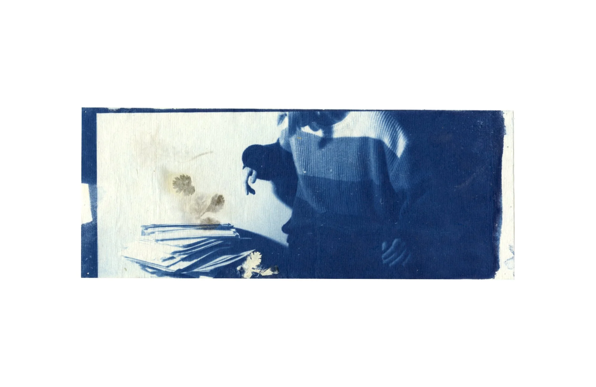 Jamie with Stack, cyanotype on found handmade paper, 2026