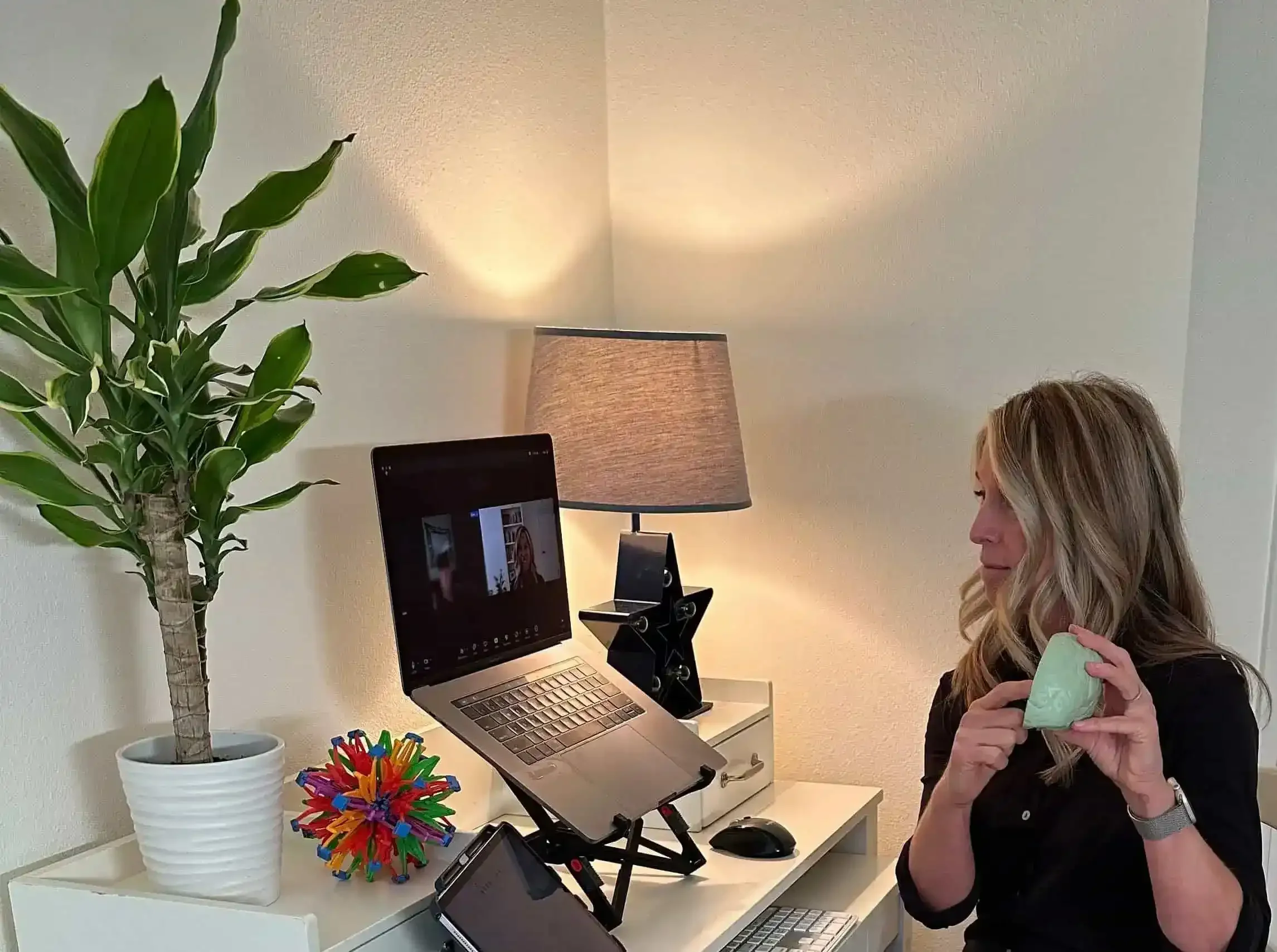 Cari Browning, RN, LCSW, explaining the brain to a client during an online therapy session