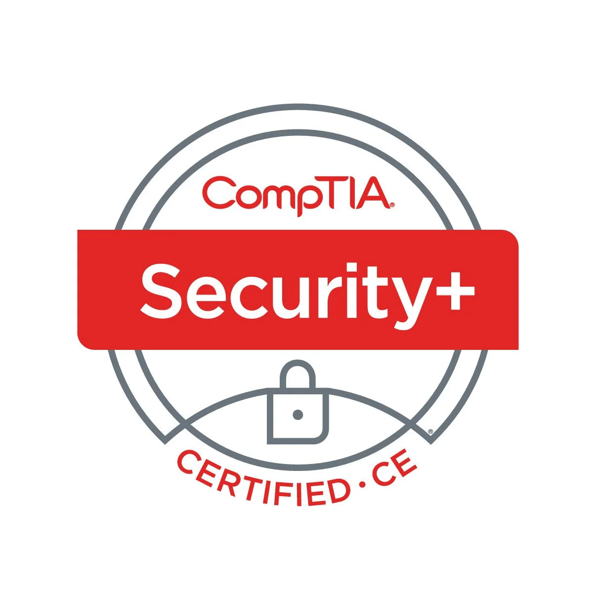 CompTIA Security+ certification badge with "Certified CE" text and padlock design.