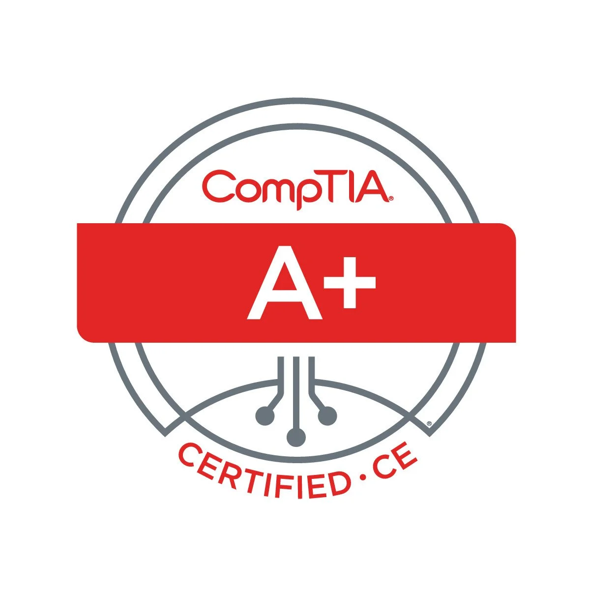 CompTIA A+ certification badge with red and gray circular design.