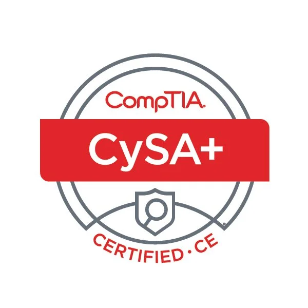 CompTIA CySA+ certification badge with red and gray design, featuring the text "CompTIA," "CySA+," and "Certified CE" with a security shield icon.