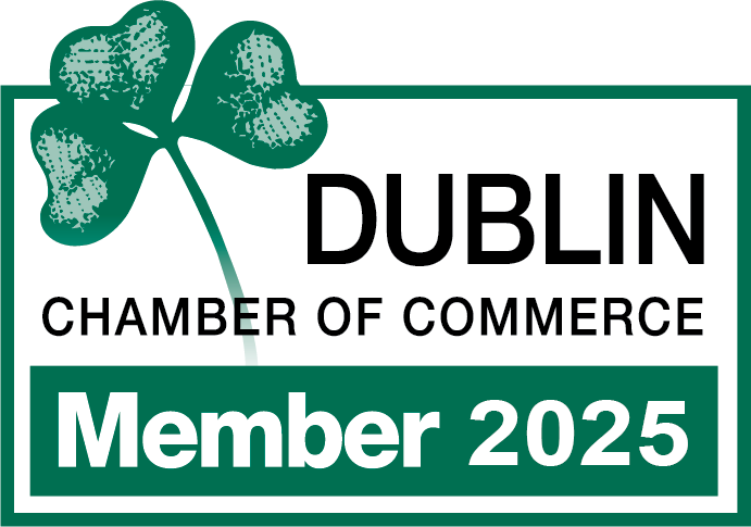 Dublin Chamber of Commerce Member 2025 logo with a green four-leaf clover in the top left corner.