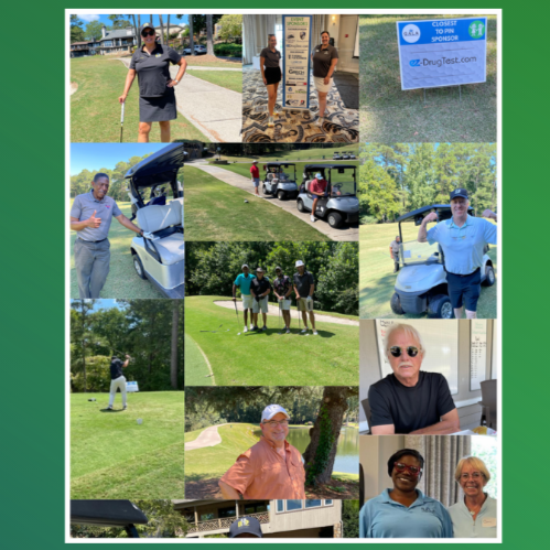 Collage of people playing golf, standing next to golf carts, and posing at a golf course, with some images showing signage and sunglasses.