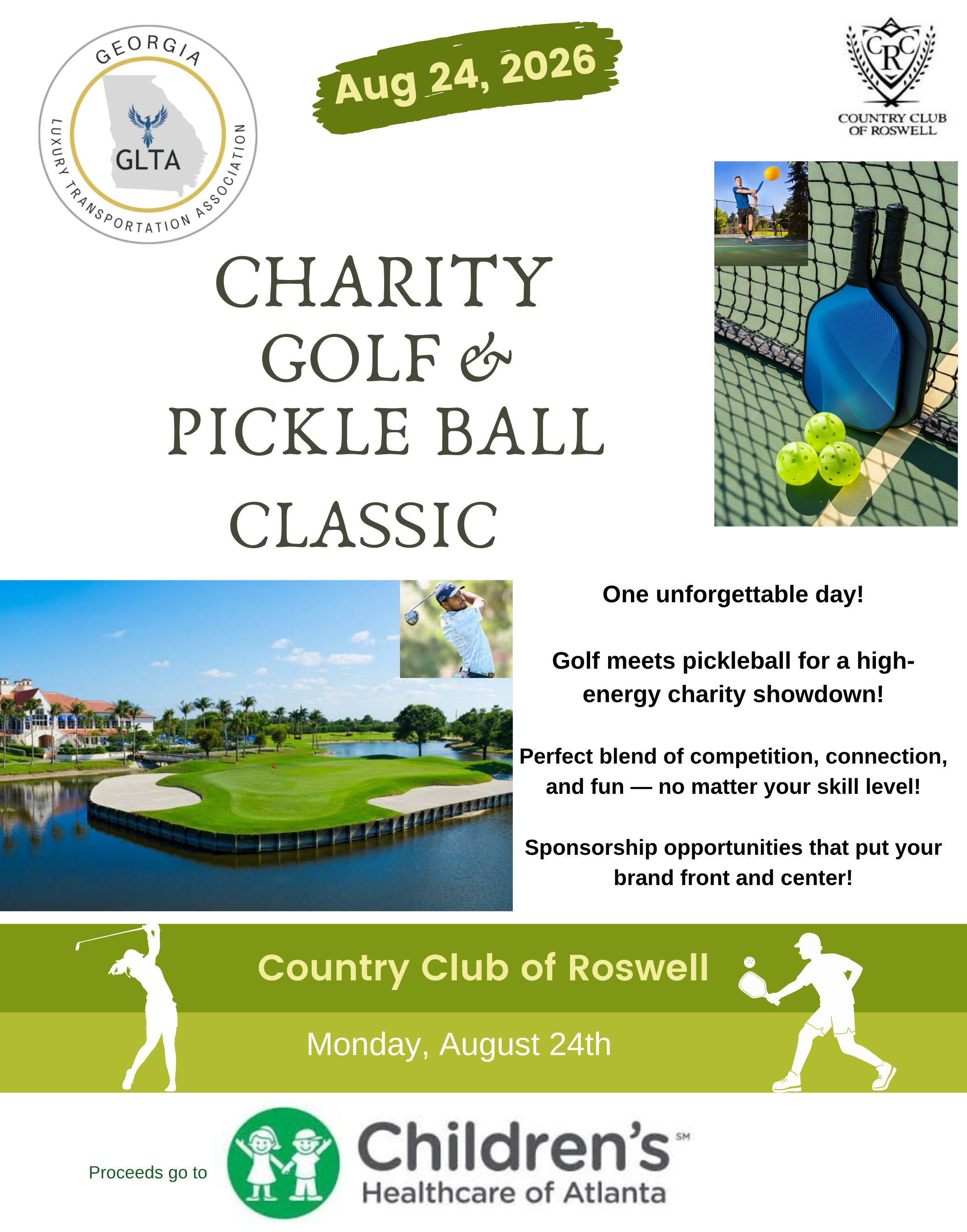 Flyer for a charity golf and pickleball classic event on August 24, 2026, at the Country Club of Roswell, featuring images of golf, pickleball, and a scenic water hazard course, with logos of the Georgia Luxury Transportation Association and the CDC, and a note that proceeds go to Children's Healthcare of Atlanta.