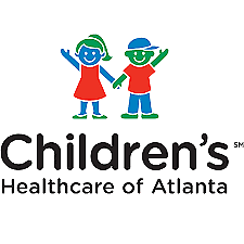 Logo of Children's Healthcare of Atlanta featuring two cartoon children holding hands, one girl and one boy, with the organization's name below.