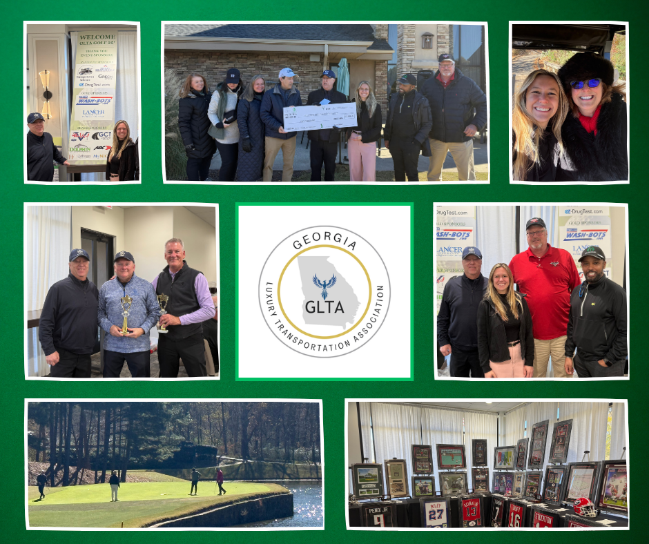 Collage of images from a golf tournament event hosted by the Georgia Luxury Transportation Association (GLTA). Includes group photos of attendees, a trophy presentation, a golf course scene with players, and an exhibition of framed sports memorabilia.