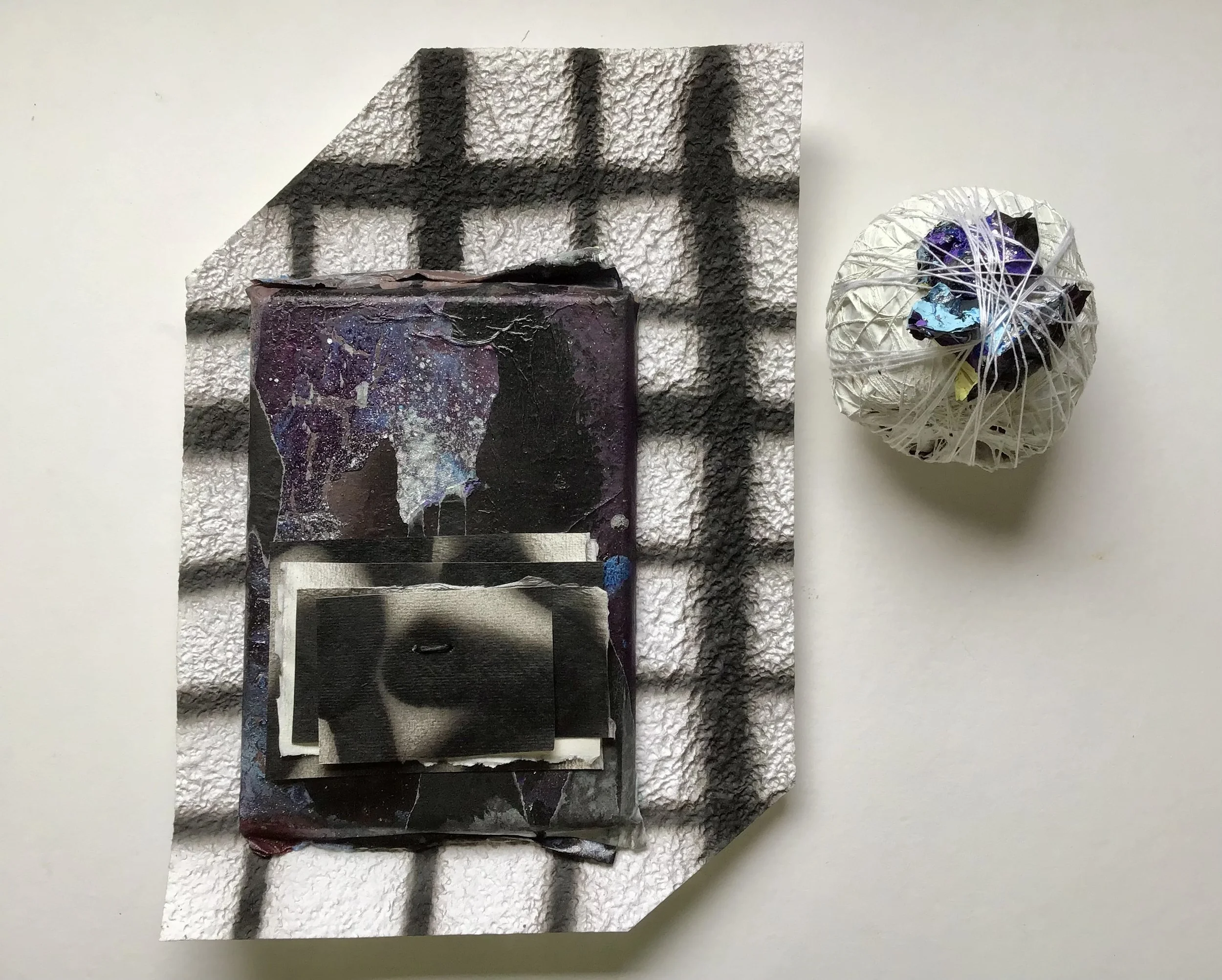 From the series 'Tem de se sonhar com os lugares, para se aprender a gostar deles'. Acrylic, rice paper, cord, paper and spray paint, 30x30cm, 2026.