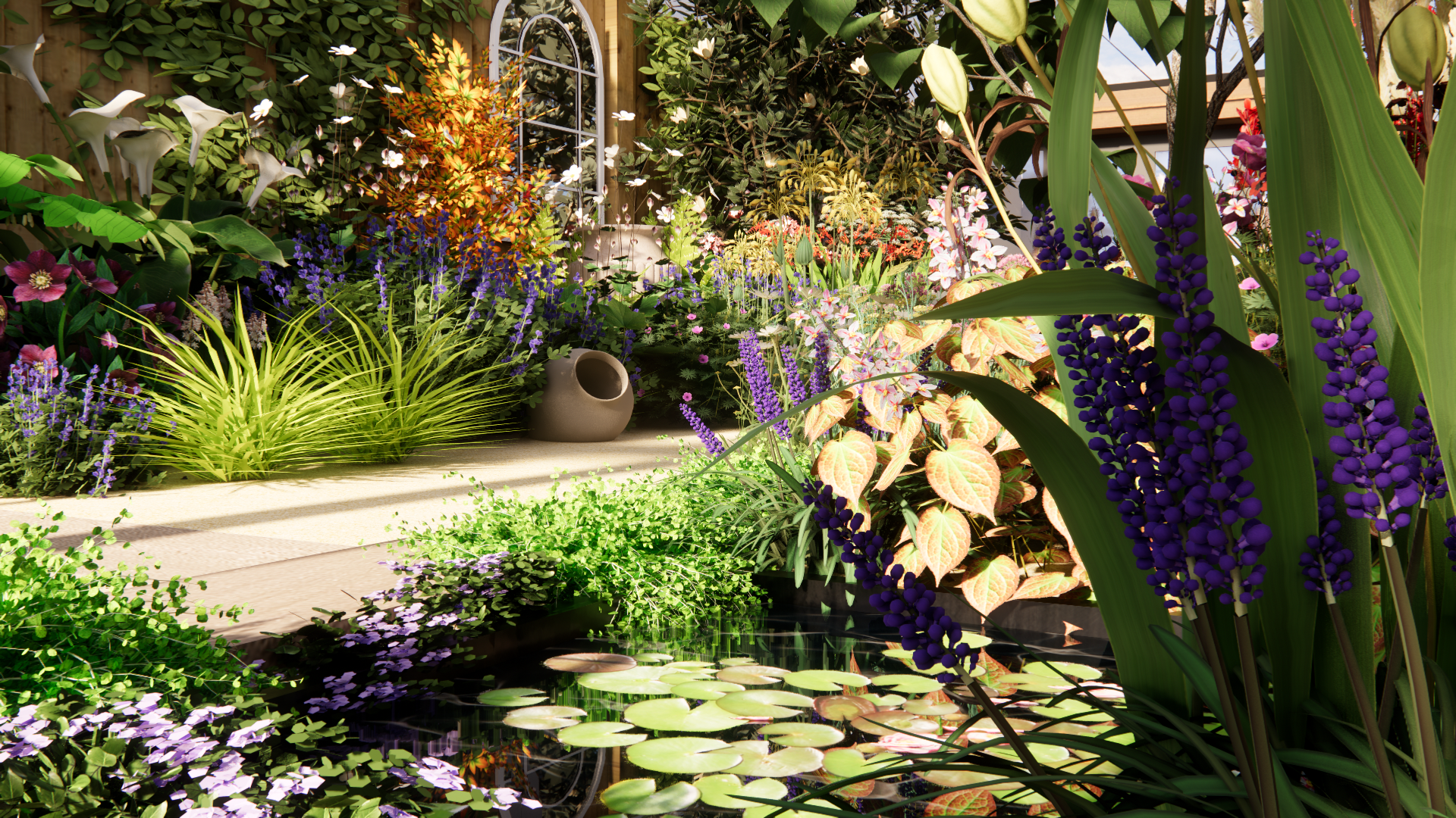 Concept garden design with ornamental pond and mixed planting for a North London private garden