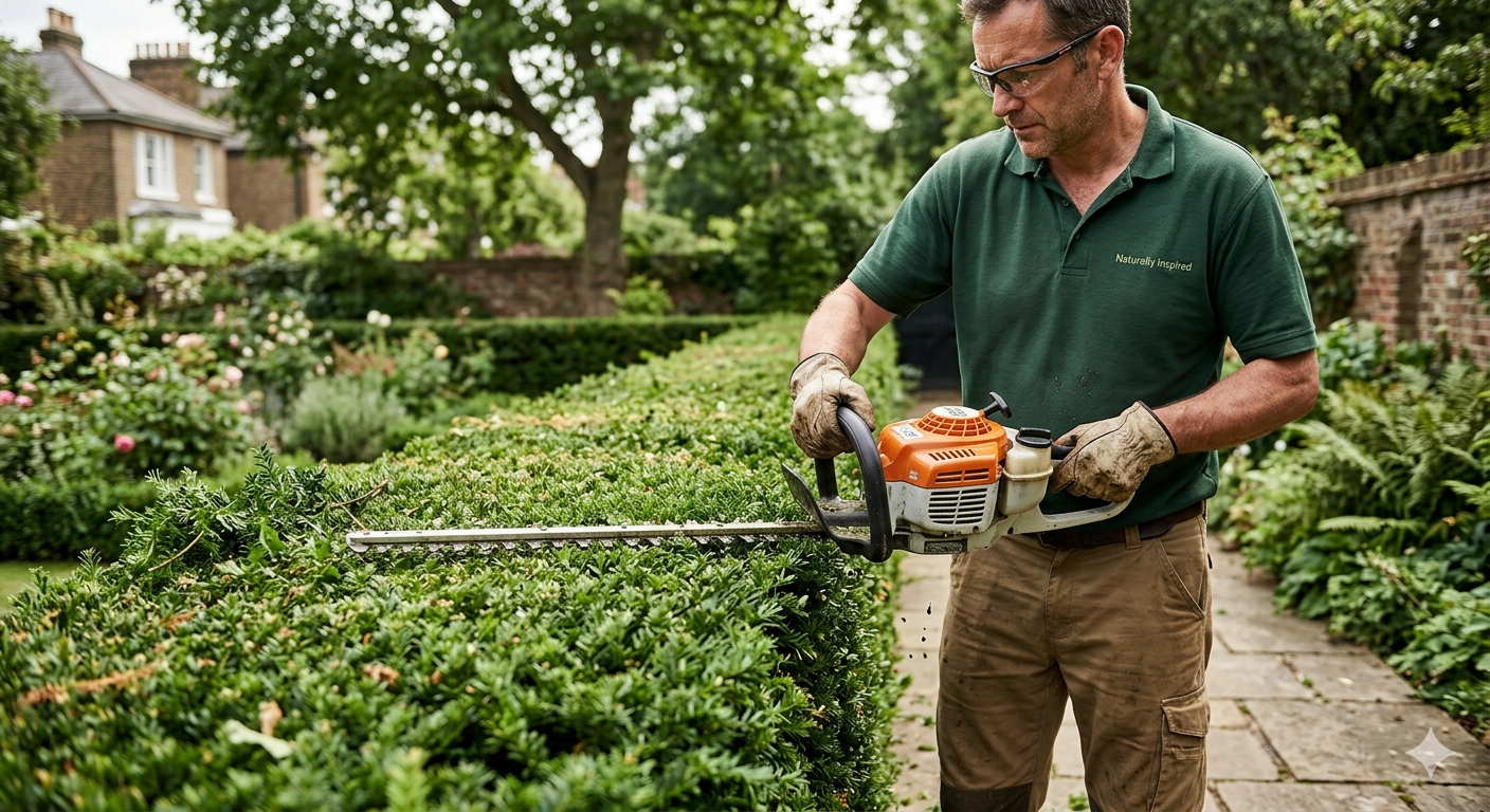 A man trimming a hedge with a power hedge trimmer in a lush garden. Garden maintenance services.
