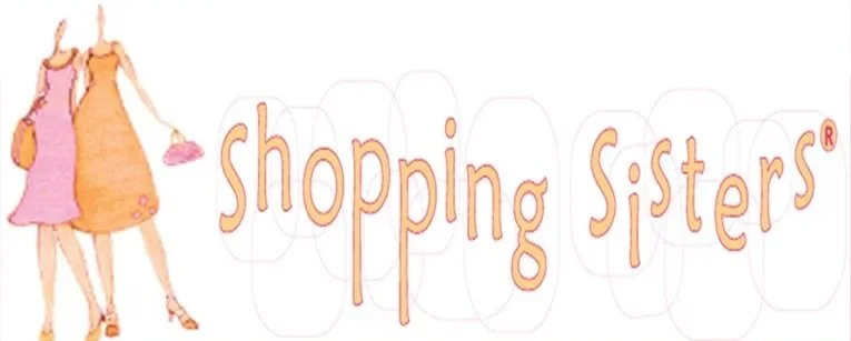 Illustration of two shopping sisters in dresses, holding shopping bags, with the text 'Shopping Sisters' in a playful font.