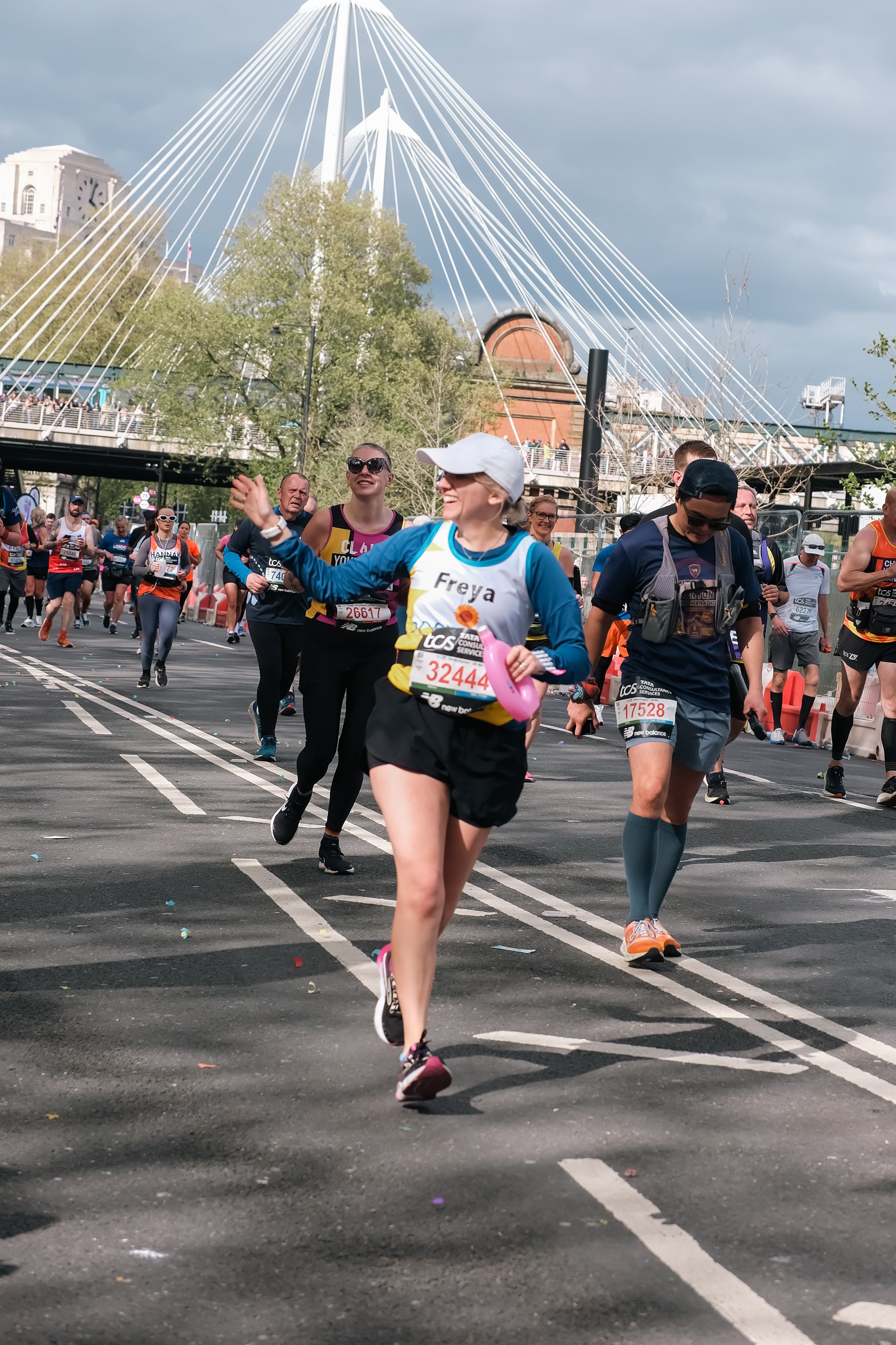 Runners crossing the iconic Tower Bridge during the London Marathon.