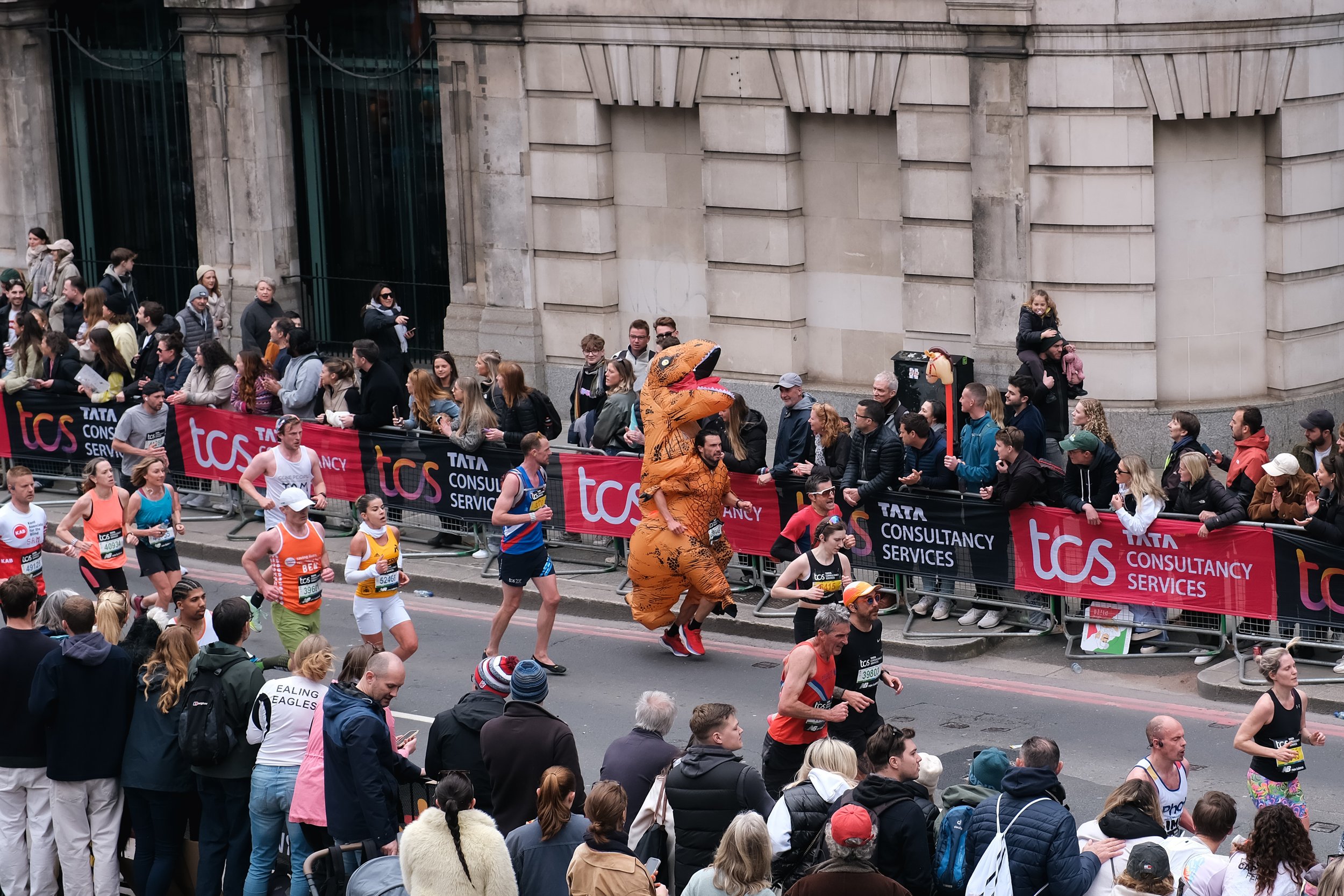 Participant in the London Marathon wearing a colorful costume, adding fun to the event.