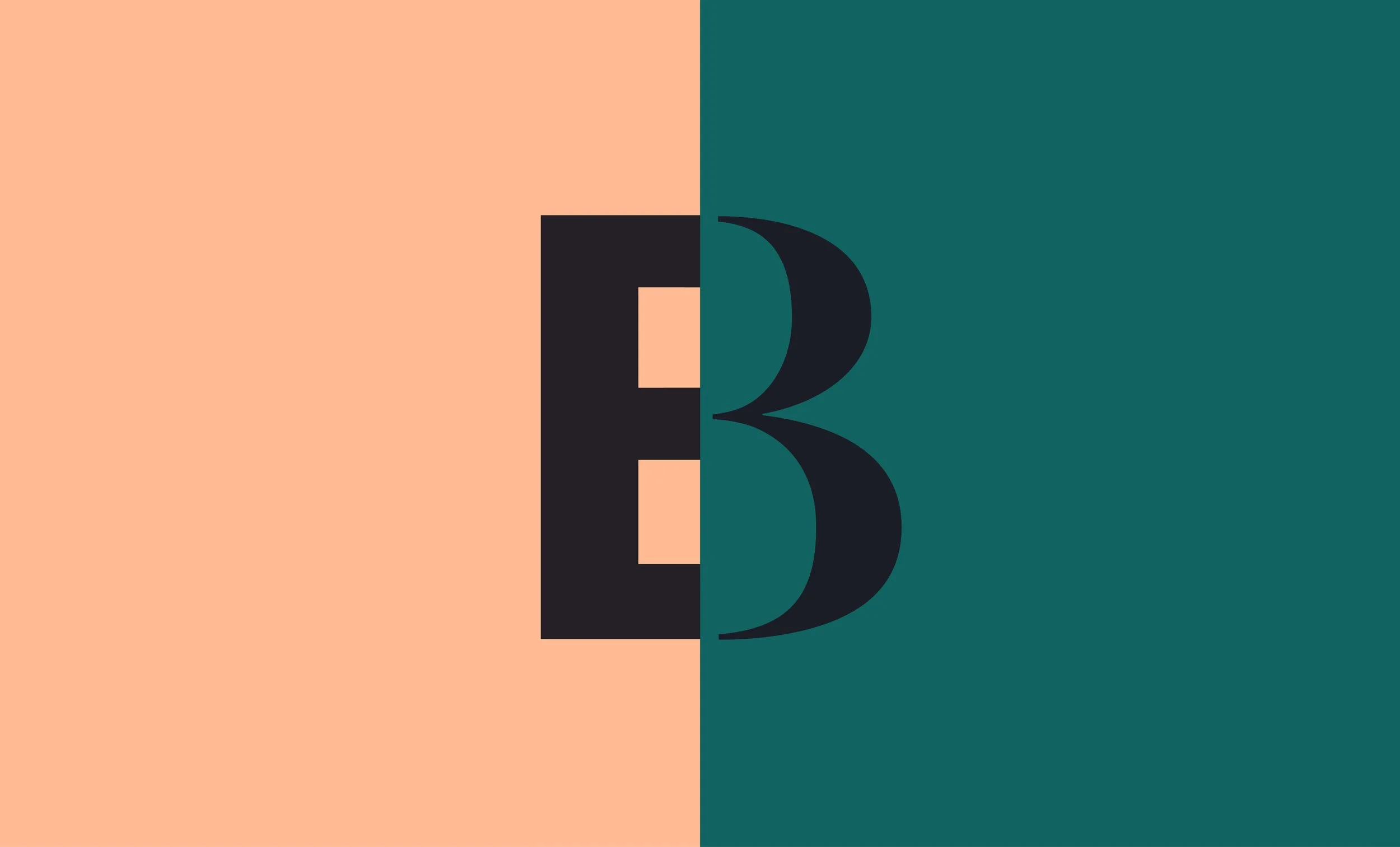 Grafisches Design mit großen schwarzen Buchstaben F und B auf geteiltem Hintergrund, links peachfarben, rechts dunkelgrün.