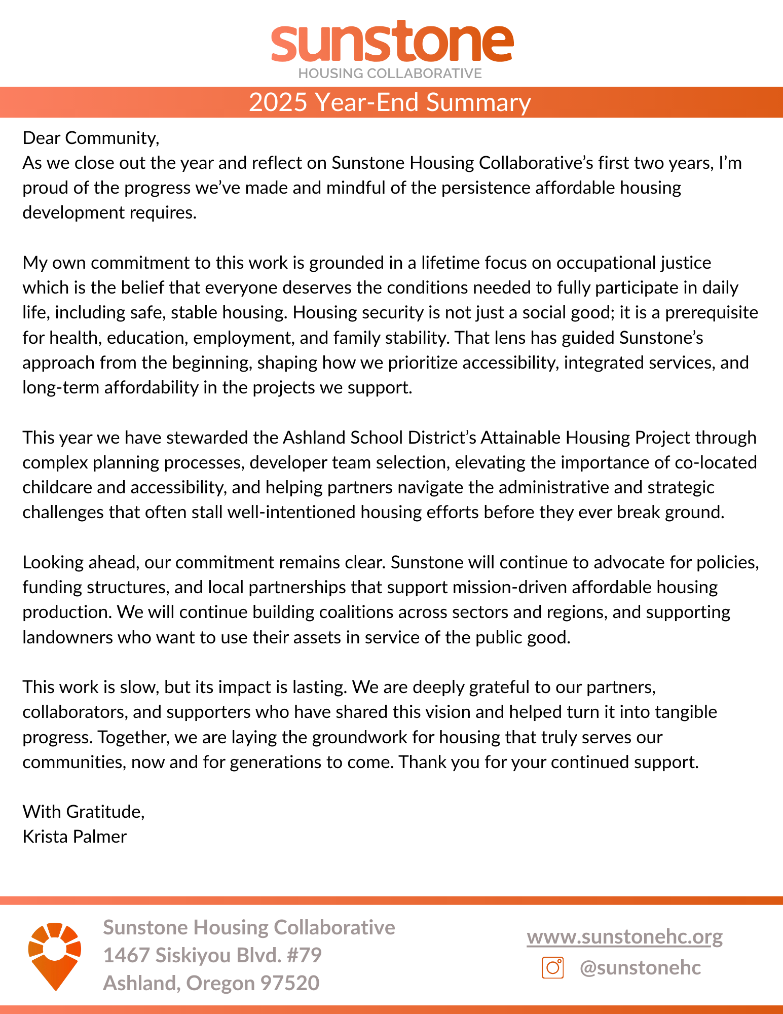 text document summarizing Sunstone's 2025 work