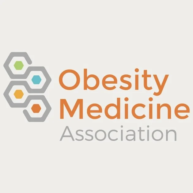 Logo for Obesity Medicine Association featuring interconnected hexagons and the organization name in orange and gray text.