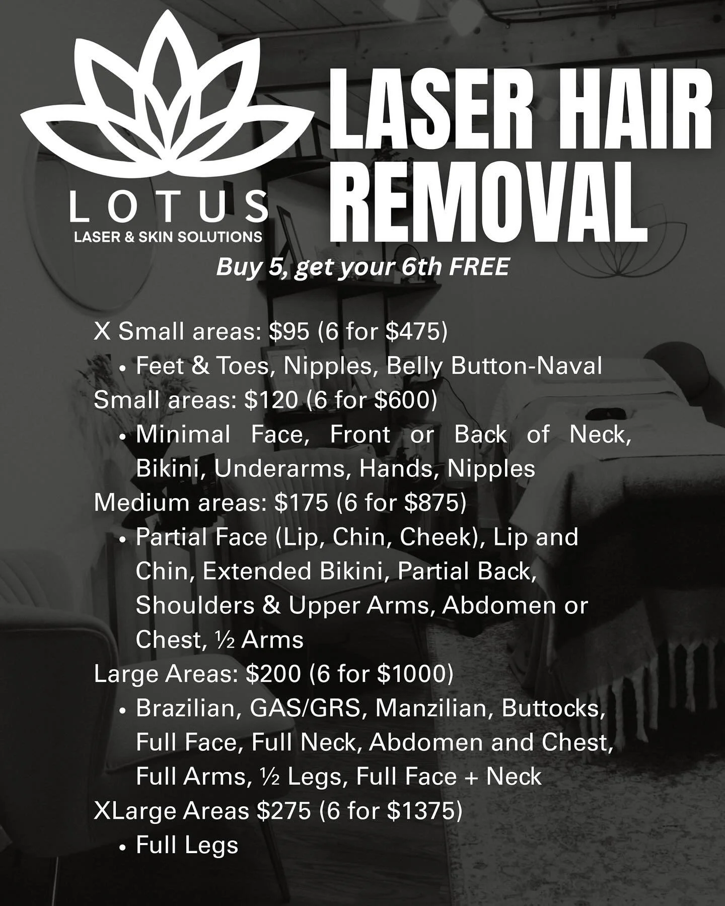 What areas can be treated with laser hair removal? Here is a breakdown of individual, combined & package options at Lotus. We always strive to offer the gold standard in laser technology and stand by our results! Discounted touch-ups are honored