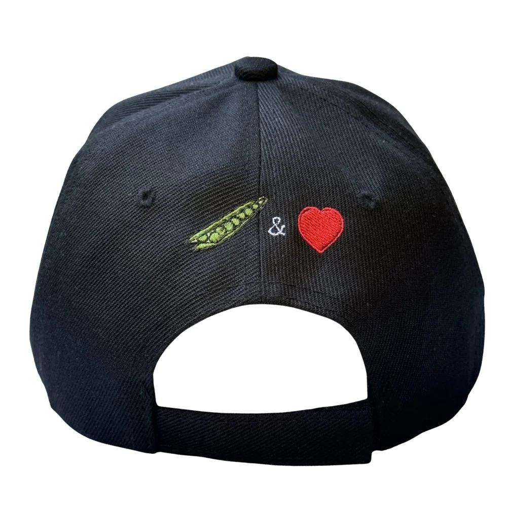 Black Baseball Cap with embroidered peas emoji "&" red heart emoji on back, hook & eye adjustable