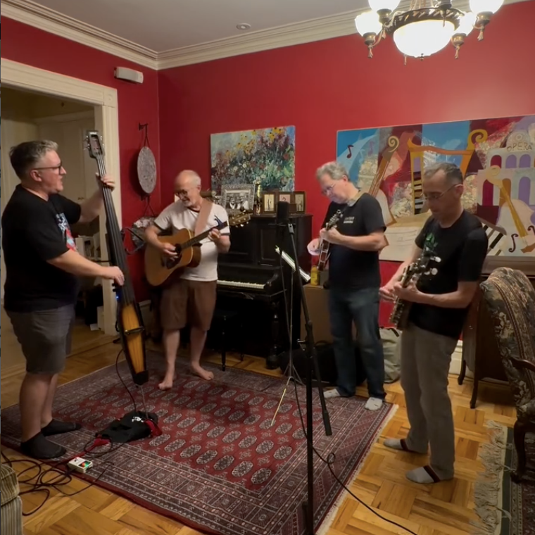 4 bluegrass musicians playing instruments