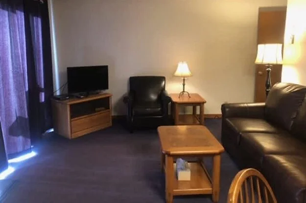 living room with dark carpet, leather furniture, and dark cutain over sliding door