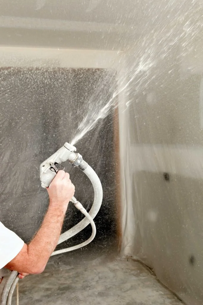Person using a spray gun to apply a coating or paint to a wall in a painting or drywall finishing process.
