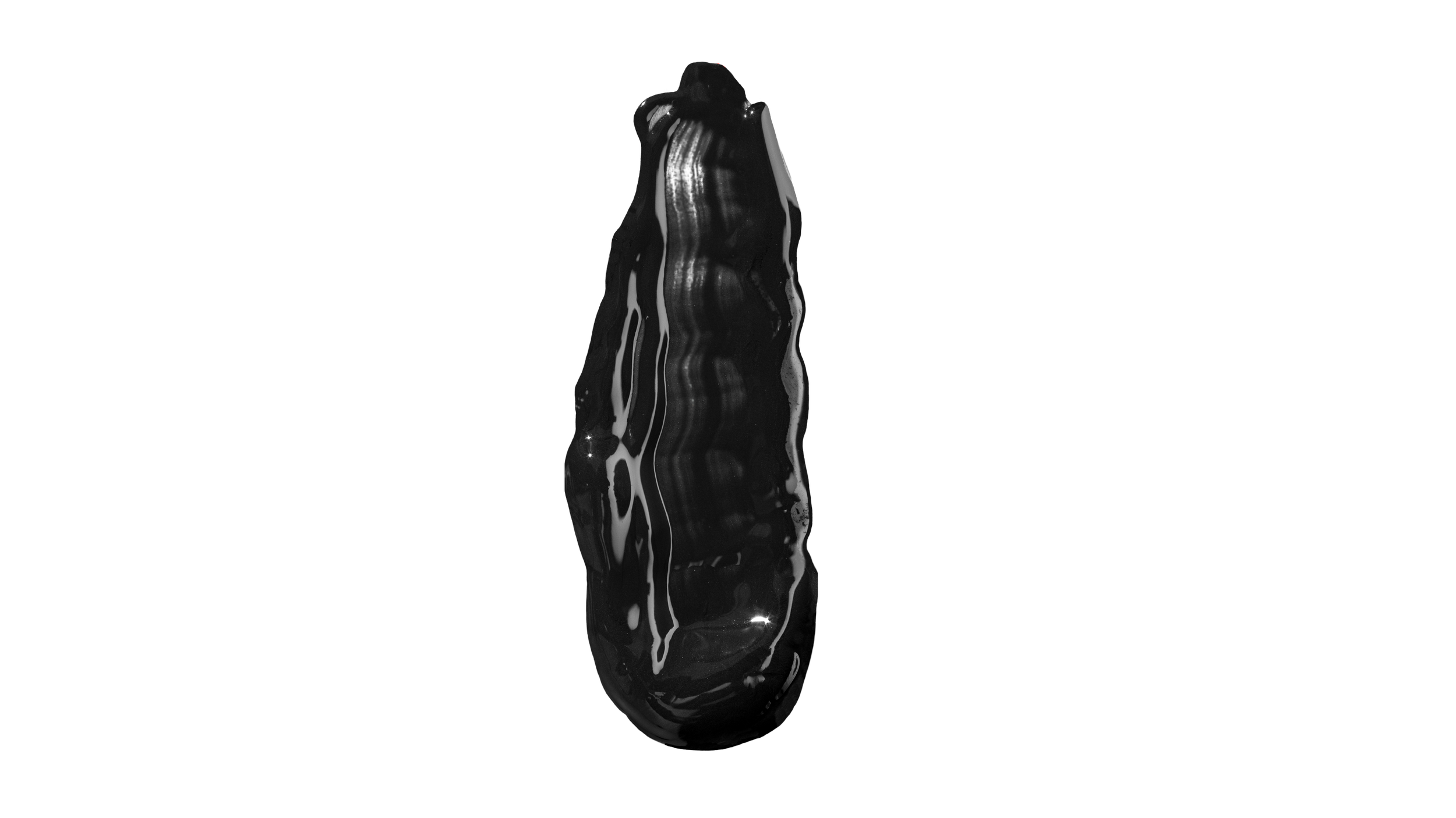 Black abstract elongated sculpture with glossy reflective surface set against a black background.