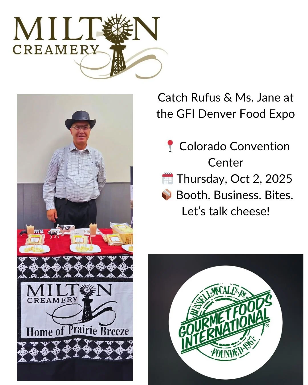 There&rsquo;s no substitute for face-to-face connections and that is why we are excited to be at the Denver GFI Food Expo. 

Stop by Milton Creamery's booth and connect with Rufus and Ms Jane and sample our award winning cheeses. 

📍 Colorado Conven
