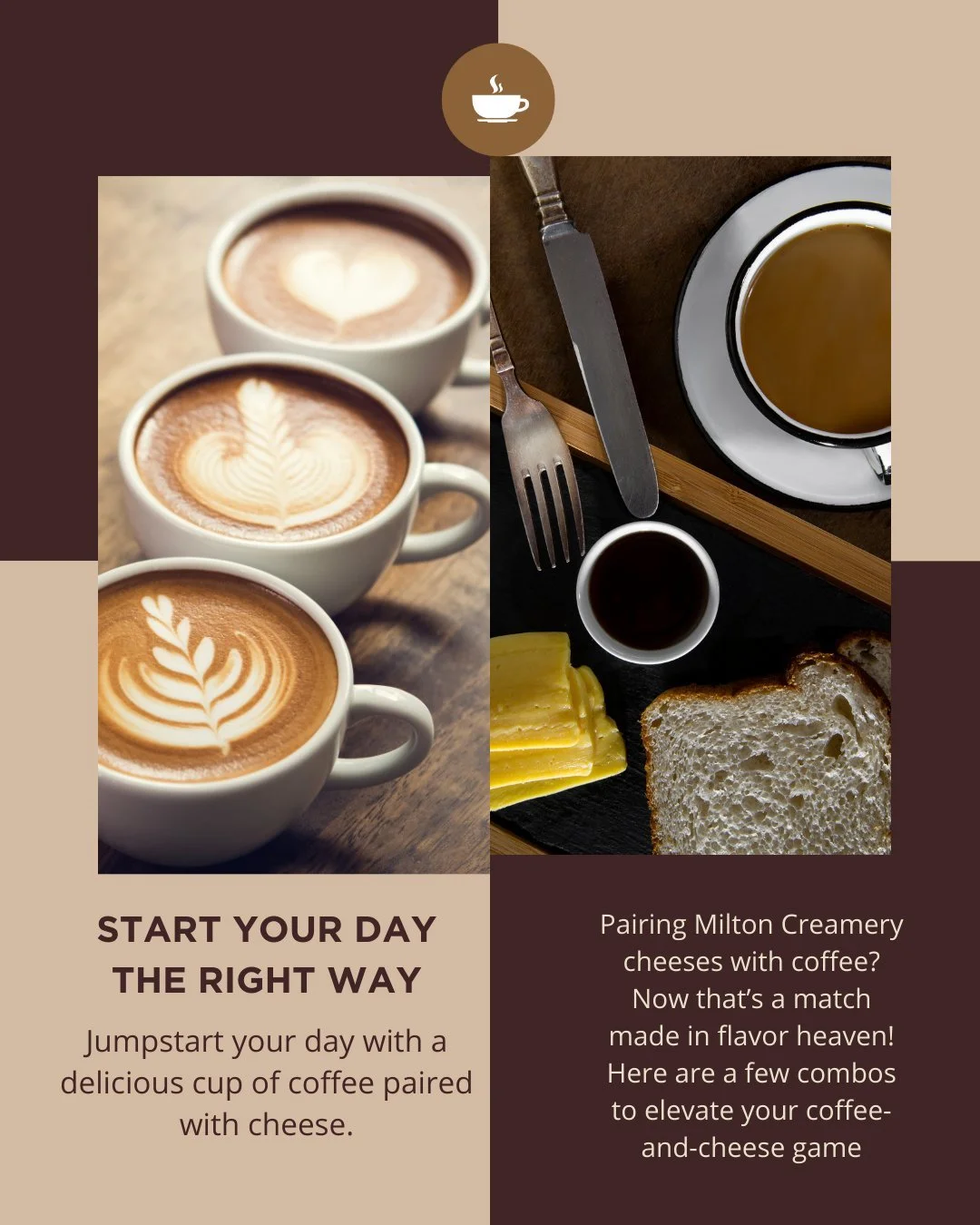 ☕🧀 Coffee + Cheese = Perfect Pair 🧀☕

➡️ Prairie Breeze&reg; + Cold Brew 😍 smooth + sweet
➡️ Cheddar Reserve + Dark Roast 💪 bold meets bold
➡️ Caramelized Onion Cheddar + Latte 🍂 cozy + savory
➡️ 4-Alarm Cheddar + Espresso 🔥 ultimate wake-up ca