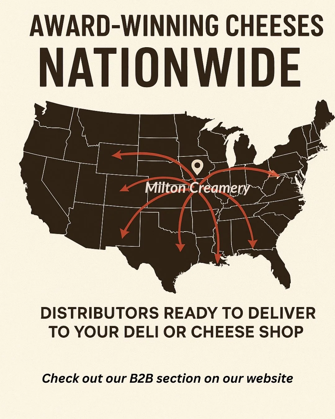 From a Small Town Creamery to Cheese Counters Coast-to-Coast 🧀🇺🇸
We may look like a small creamery tucked in the rolling hills of Southeast Iowa…
but don’t let our size fool you!
Milton Creamery cheeses are enjoyed nationwide—