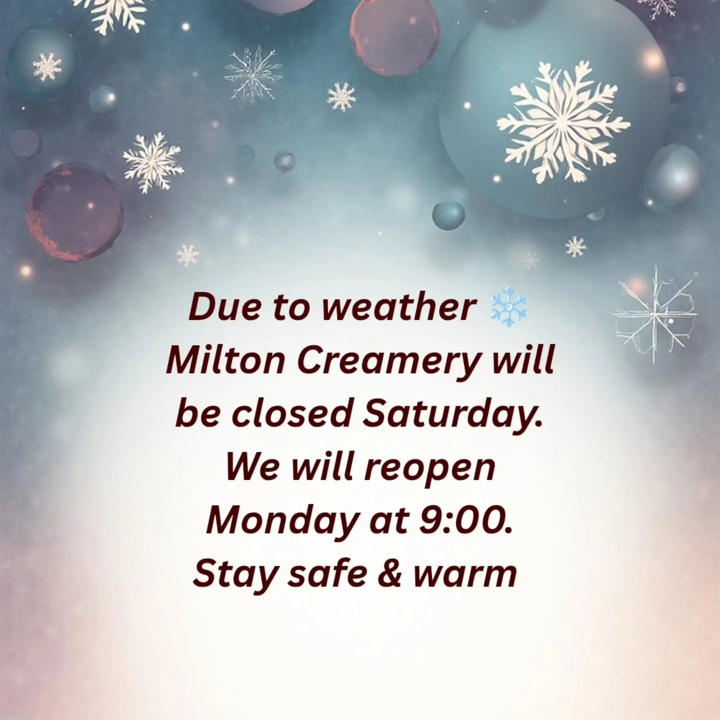 ❄️ This Iowa weather said &ldquo;not today, folks!&rdquo;
We&rsquo;re taking a snow day and will reopen Monday at 9:00 AM. Stay safe and keep the cheese close!