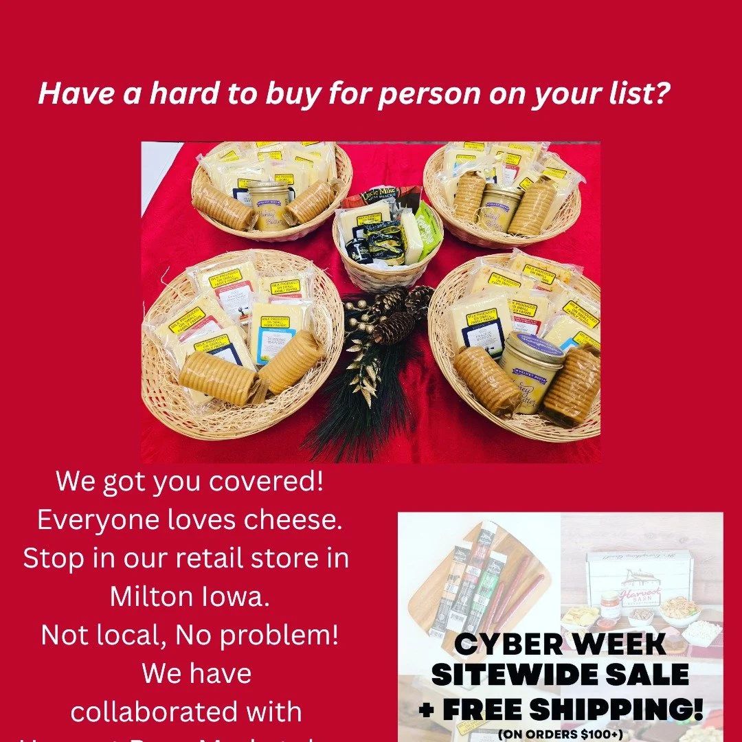 Struggling with Christmas ideas for the hard to buy for person?
We got you covered! 
Stop in our retail store located in Milton Iowa and choose from 5 of our baskets that range from $21.00-81.00.

Not local, no problem we got you covered! We have col