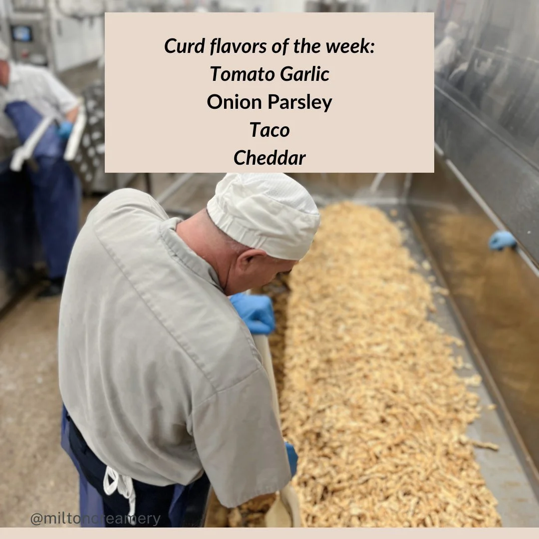 Curd Alert!!!
Featured Flavors this week are Tomato Garlic, Onion &amp; Parsley and Taco.  Stop in after 11:00 and grab them fresh.
Our hours are Mon-Fri 9-5 and Sat 9-4.