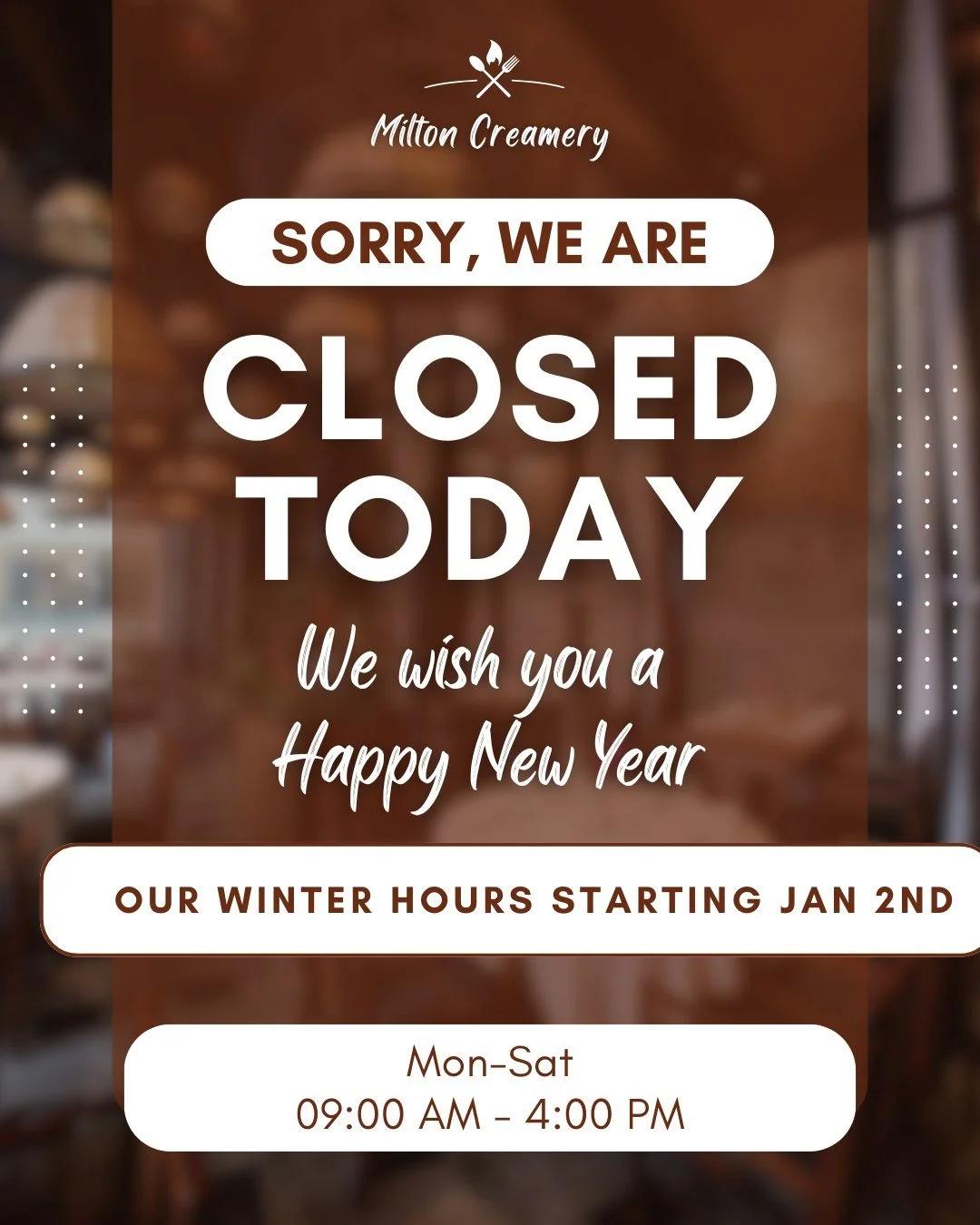 Milton Creamery wishes you and your family a safe and happy New Year!
We will be closed today (Jan 1) .
Our winter hours begin on Jan 2, Mon-Fri 9:00-4:00

#miltoncreamery #cheeseshop