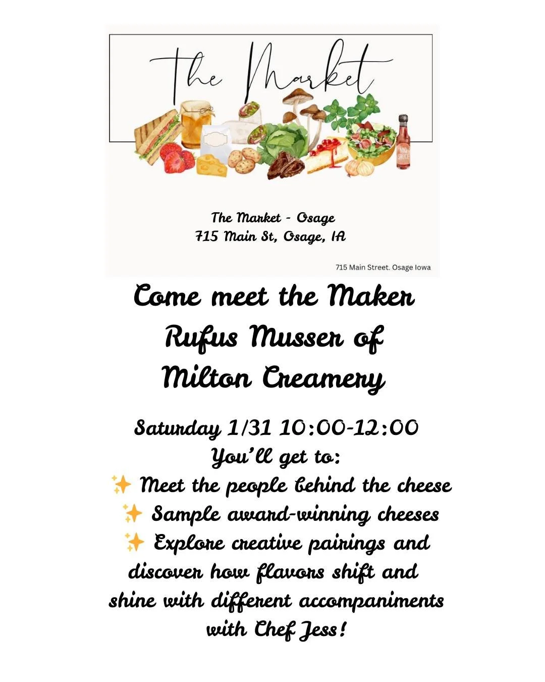 Looking for something to do this weekend?  Stop by @the_market_osage on Saturday 1/31 and "Meet the Maker" of 6X award winning Prairie Breeze cheese, between 10:00am-12:00!  Sample Milton Creamery cheeses and also bring your appetite as @ch