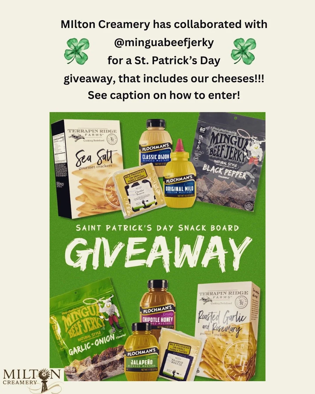🍀 ST. PATRICK&rsquo;S DAY GIVEAWAY 🍀

We are excited to be a part of @minguabeefjerky St Patrick's Day give away. What a perfect fit, meat and cheese! 

They have put together the ultimate snack board for St. Patrick&rsquo;s Day with some snacks wi