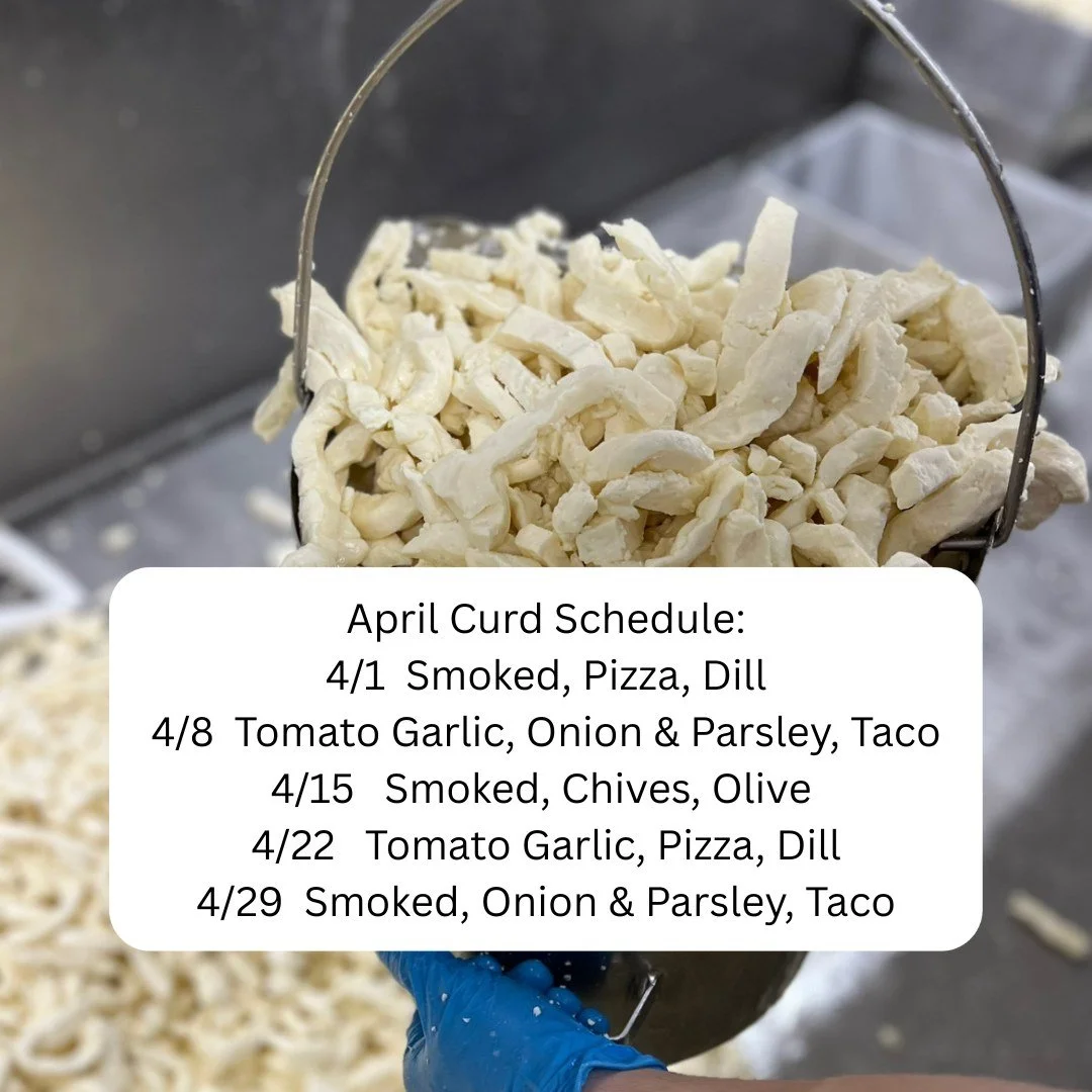 Here is your April line up for curds!
Curds are made fresh every Wednesday and available for pick up after 11:00am.
What is your favorite curd flavor?

#MiltonCreamery #Curds #Freshcurds #Cheeselover
