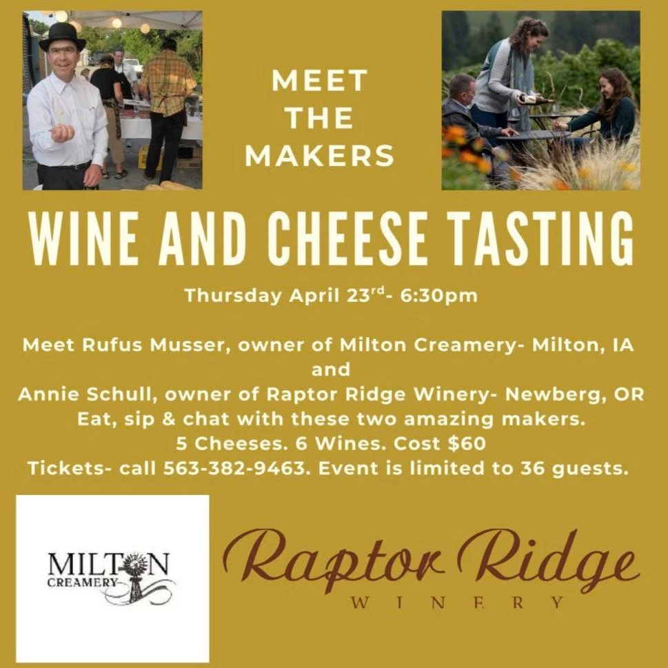 There are still 4 seats available for this incredible event! An amazing opportunity to meet 2 amazing makers!
Cheese and Wine are like PB&amp;J, they go perfectly together and you will get all the inside scoop directly from the makers.

Don't miss ou
