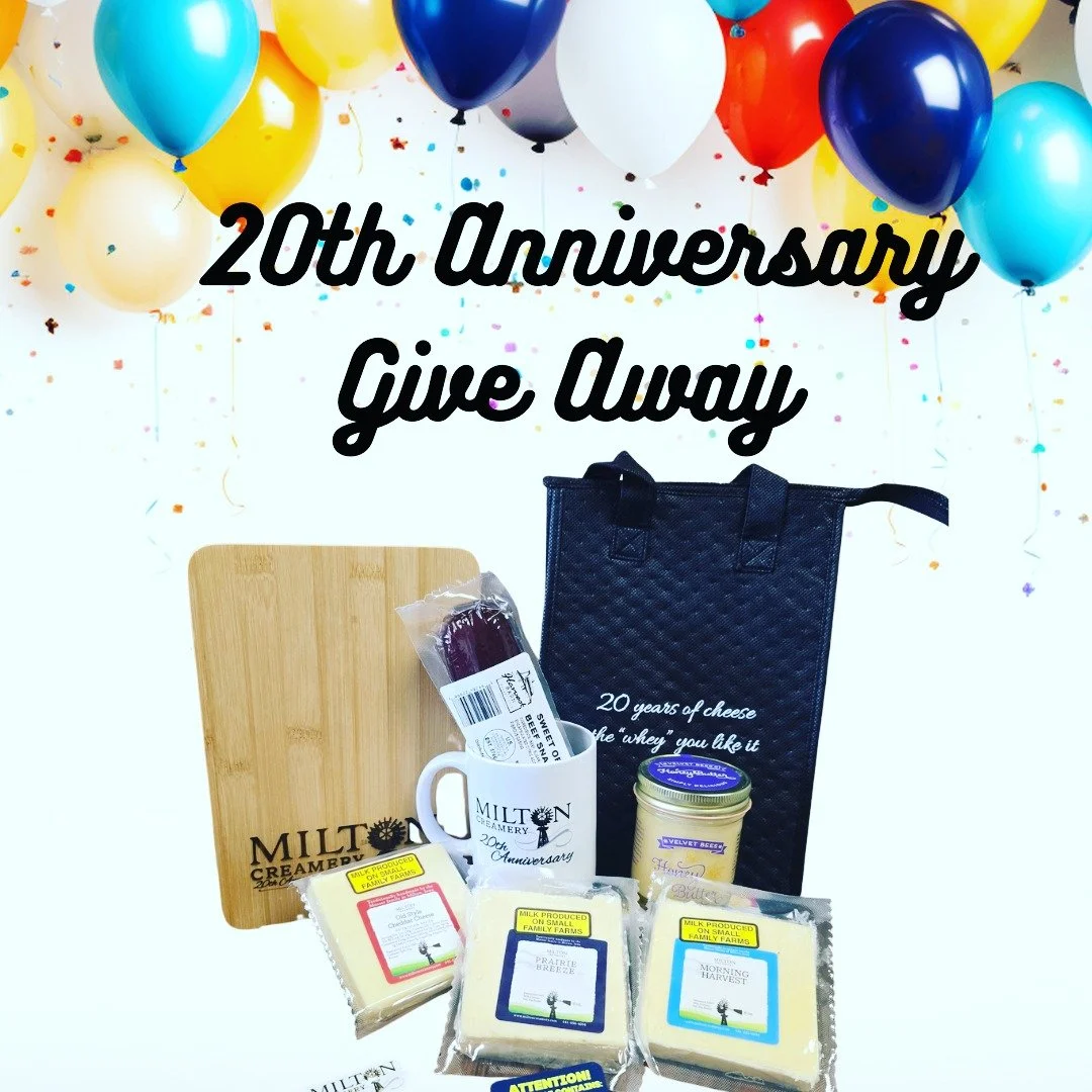 🎉It&rsquo;s giveaway time. 🧀

Twenty years ago, Milton Creamery started with a dream, a lot of hard work, and a passion for making really good cheese.
This month we are celebrating 20 years of cheesemaking, and we wanted to share the celebration wi